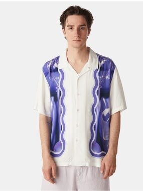 Men's Short Sleeve Button-Up Shirt in White and Purple